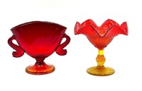 Amberina Glass Compote and Fenton Fan Vase