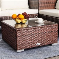 Patio Wicker Coffee Table with Glass Top