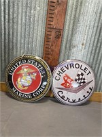 2-TIN SIGNS, 5.5" US MARINE CORPS,CHEVROLET