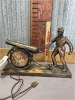 BRASS CLOCK W/ CANNON/ SOLDIER, UNTESTED