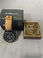 TAGHEUER SPACEX WATCH,WORKS, GOLD CHAIN MARKED 14K