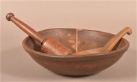 Antique Butter Bowl with Paddle and Masher.