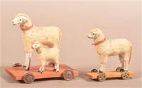 Two Antique German Sheep Putz Pull Toys.