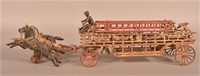 Cast Iron Fire Ladder Truck Horse-Drawn Pull Toy.