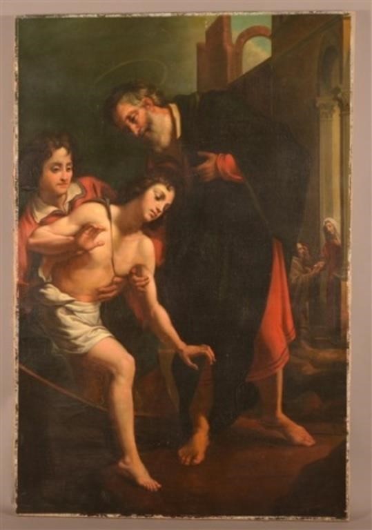 Baroque Religious Scene Oil on Canvas Painting.