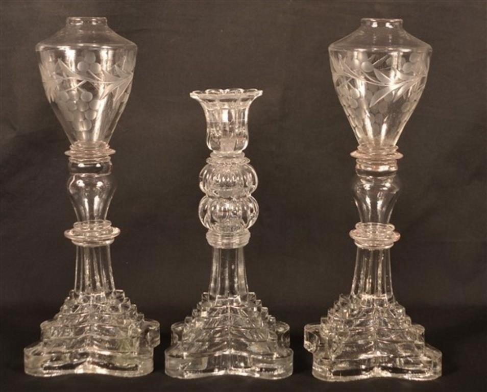 Flint Colorless Glass Fluid Lamps and Candlestick.