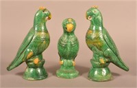 3 Chinese 19th C. Spinach-Glazed Parrot Figures.