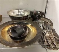 SILVER PLATE BOWLS AND UTENSILS