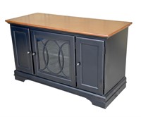 Three door TV stand with slide out organizers,