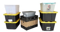 12 assorted poly totes/bins. Three are knock flat