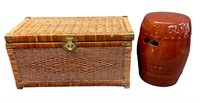 Woven wicker chest with brass latch, handles and