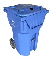 Large rolling recycling bin with contents.