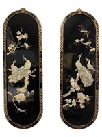 2 Oriental Lacquered Panels w Shell Relief