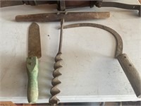 Vintage tools, hand auger, hand scythe
