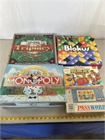 Board games including monopoly, Tripoley, Blokus,
