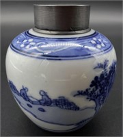 Signed Asian Blue & White Porcelain Tea Caddy