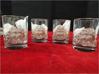 4 Rocks Glasses w/Schooner Ships Gold
