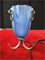Blue Glass & Metal Desk Lamp 9" Tall Works