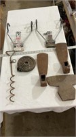 Bike racks, vintage carpenter head tool,
