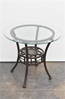 Metal Glass Top Round End Table w/ Metal Overlay