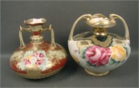 Two Nippon Handled Rose Decorated Bulbous Vases