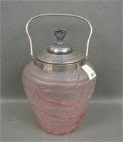 Kralik?Art Glass Pink Threaded Handled Bisquit Jar
