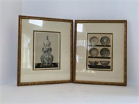 Framed Lithos of Asian Plates, Bowls & Vases