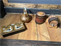 2 mini barrels, copper kettle, and box