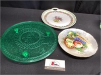 Green Glassware cake plate and Misc Plates