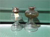 2 CLEAR GLASS KEROSENE OIL LAMPS, NO CHIMNEY