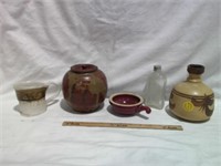 POTTERY DISHES, GLASS BOTTLE