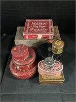 Tin Containers & Jigsaw Puzzles.