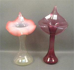 Two Victorian Jack in the Pulpit Art Glass Vases