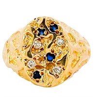 Sapphire & Diamond Nugget Signet Ring 14k Gold