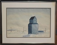 WATERCOLOUR OF A BLUE BARN SIGNED INDISCERNIBLY