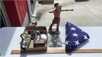 American flag, Indian statue, Harley Davidson