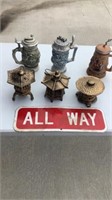Beer steins, cast iron candle holder, all way