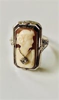 Antique cameo filagree ring, rectangular carved