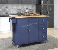 Blue Wooden 52.7 in. Mobile Kitchen Island Cart