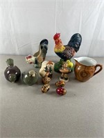 Household decorations including roosters, birds,