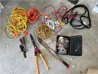 LOT - ASSORTED TOOLS, CABLES, CORDS, HARDWARE,