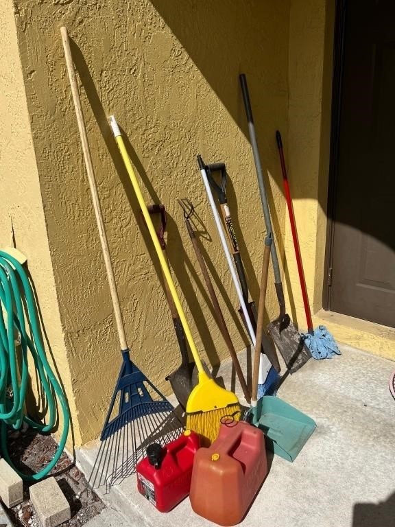 PCS - ASSORTED LAWN TOOLS, CLEANING, GAS TANKS,