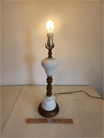 Vintage Milk Glass Hobnail And Wood Table Lamp