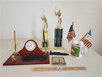 Golf Lot:  Coffee Mug, Two Golf Trophies, Desk