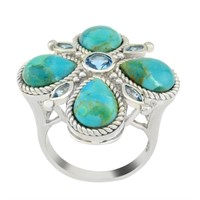 Sterling Silver Tuquoise & Topaz Clover Ring-SZ 6