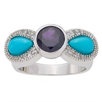 Sterling Silver Turquoise & Amethyst Bow Ring-SZ
