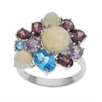 Silver Opal & Multi Gemstone Cluster Ring-SZ 6