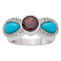 Sterling Silver Turquoise & Garnet Bow Ring-SZ 7