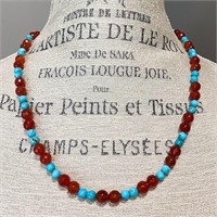Turquoise & Faceted Carnelian Bead Necklace 24"