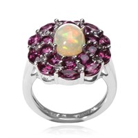 Silver Ethiopian Opal & Garnet Halo Ring-SZ 7